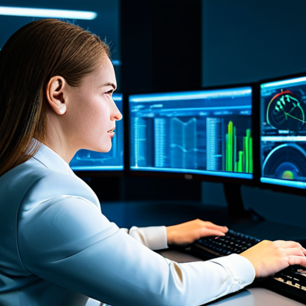 A focused cybersecurity engineer, fully clothed in a modest professional business suit, is intently observing multiple large screens displaying complex network diagrams, threat intelligence feeds, and cloud security dashboards in a state-of-the-art Security Operations Center. The environment is sleek and modern, with soft ambient lighting. She has well-formed hands resting on a keyboard. The image should convey a sense of calm analysis and proactive defense. safe for work, appropriate content, perfect anatomy, correct proportions, natural pose, professional dress, natural body proportions, professional photography, high quality, family-friendly.