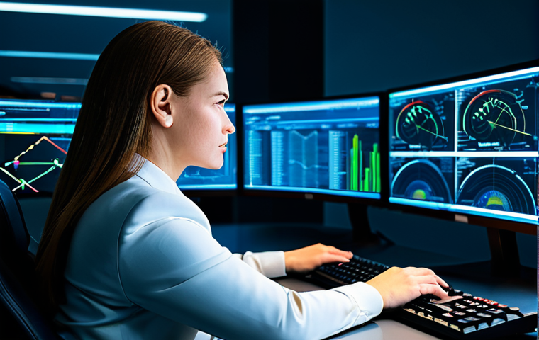 A focused cybersecurity engineer, fully clothed in a modest professional business suit, is intently observing multiple large screens displaying complex network diagrams, threat intelligence feeds, and cloud security dashboards in a state-of-the-art Security Operations Center. The environment is sleek and modern, with soft ambient lighting. She has well-formed hands resting on a keyboard. The image should convey a sense of calm analysis and proactive defense. safe for work, appropriate content, perfect anatomy, correct proportions, natural pose, professional dress, natural body proportions, professional photography, high quality, family-friendly.