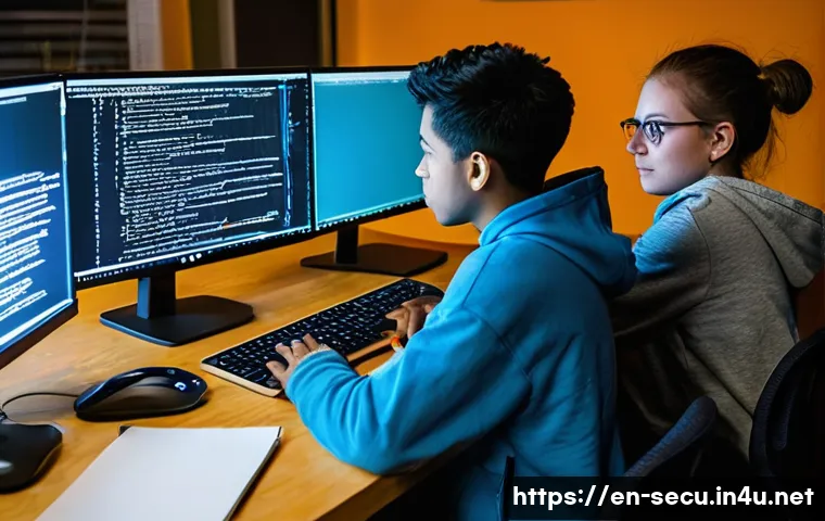 정보보안기사 실기 시험 대비 코딩 연습법 - **Prompt:** "A diverse group of three young adult cybersecurity students, wearing casual but modest ...