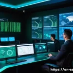 정보보안 실무와 AI 보안 기술의 융합 사례 - A futuristic cybersecurity operations center with diverse security analysts collaborating in front o...