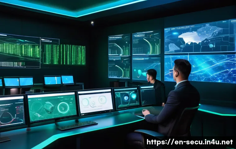 정보보안 실무와 AI 보안 기술의 융합 사례 - A futuristic cybersecurity operations center with diverse security analysts collaborating in front o...