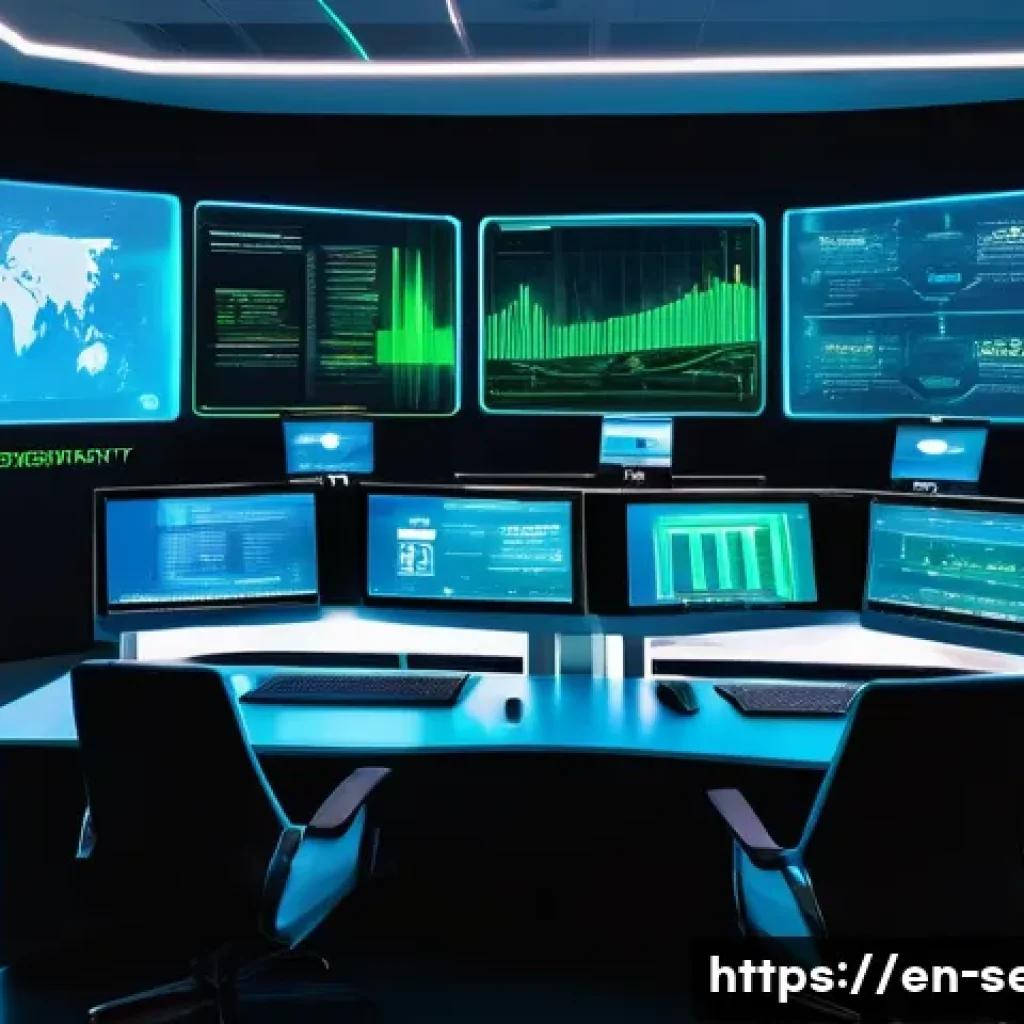 정보보안 필기 시험에서 자주 나오는 주요 이론 정리 - A detailed, futuristic cybersecurity control room with multiple holographic screens displaying encry...