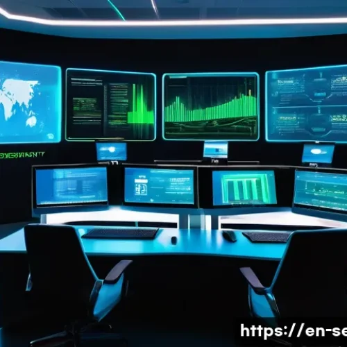 정보보안 필기 시험에서 자주 나오는 주요 이론 정리 - A detailed, futuristic cybersecurity control room with multiple holographic screens displaying encry...