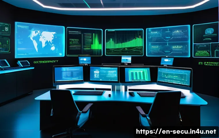 정보보안 필기 시험에서 자주 나오는 주요 이론 정리 - A detailed, futuristic cybersecurity control room with multiple holographic screens displaying encry...