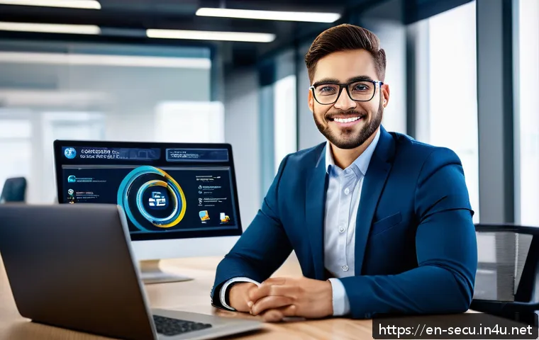 정보보안기사 취득 후 대기업 취업 성공 후기 - A confident young professional in business casual attire sitting at a modern office desk, proudly di...
