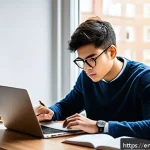 Home 18 정보보안 필기 시험에서 자주 실수하는 부분 - A focused young adult studying at a modern desk with a laptop, textbooks, and notes spread around, u...