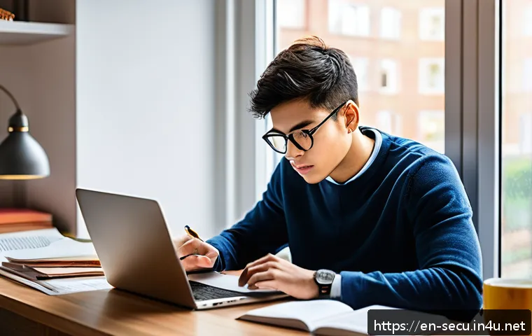 정보보안 필기 시험에서 자주 실수하는 부분 - A focused young adult studying at a modern desk with a laptop, textbooks, and notes spread around, u...