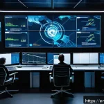 Home 23 정보보안 실무와 오픈소스 도구 활용 사례 - A high-tech cybersecurity operations center with multiple large monitors displaying real-time networ...