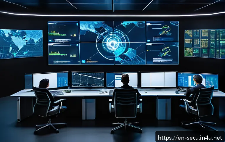 정보보안 실무와 오픈소스 도구 활용 사례 - A high-tech cybersecurity operations center with multiple large monitors displaying real-time networ...