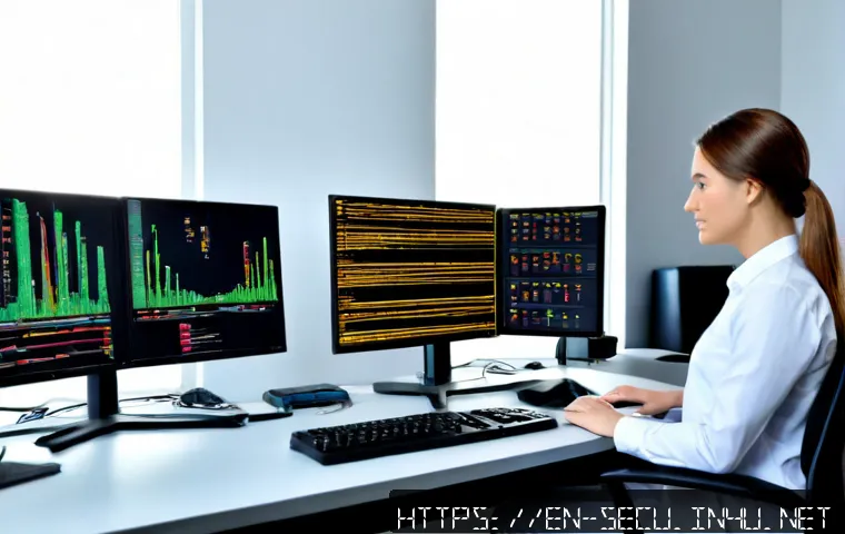 정보보안 실기 시험에서 많이 나오는 시뮬레이션 문제 - Photorealistic cybersecurity certification simulation workspace, focused adult trainee in modest pro...